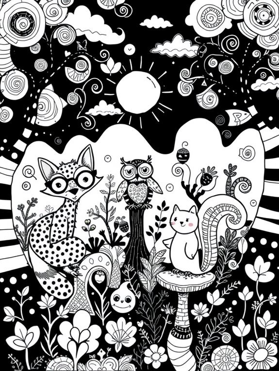 monochrome whimsical doodle art